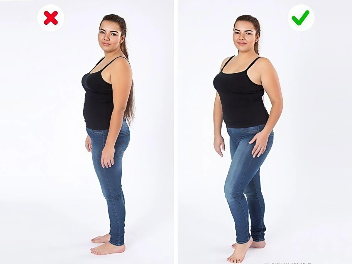 Đứng nghiêng 45 độ kết hợp phụ kiện để che khuyết điểm vòng hai
