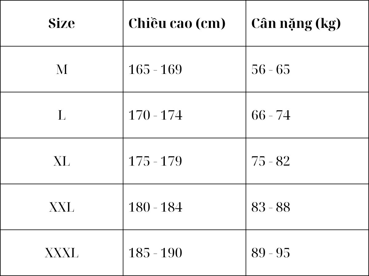 Bảng size áo hoodie theo chiều cao và cân nặng cho nam