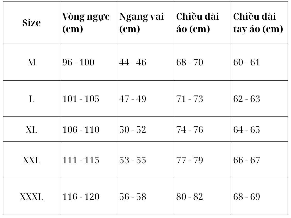 Bảng size áo hoodie theo số đo cơ thể cho nam