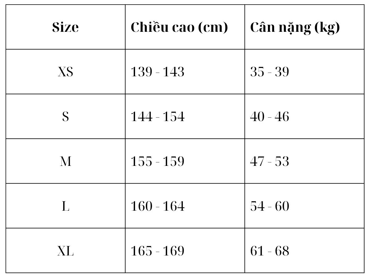 Bảng size áo hoodie theo chiều cao và cân nặng cho nữ