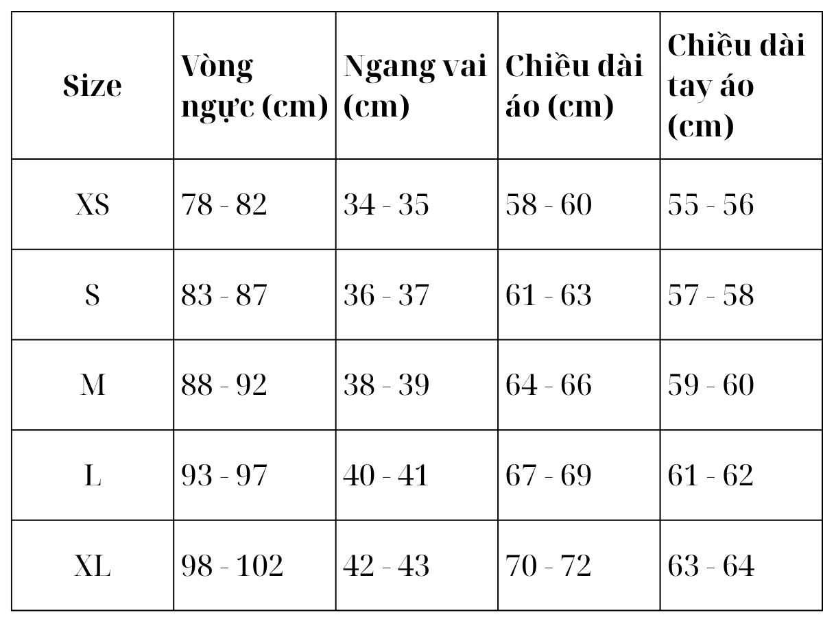 Bảng size áo hoodie theo số đo cơ thể cho nữ