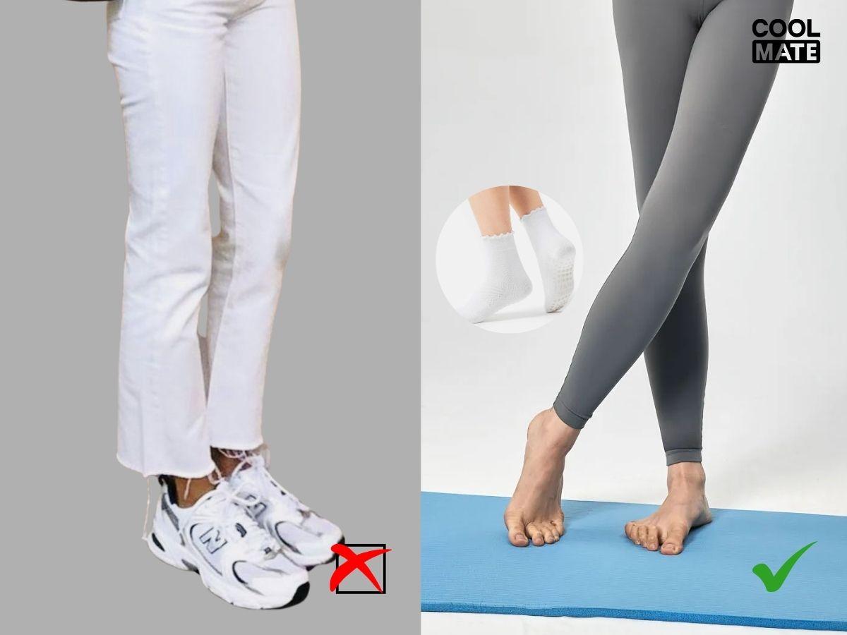 Chân trần hoặc tất yoga chuyên dụng có hạt chống trượt