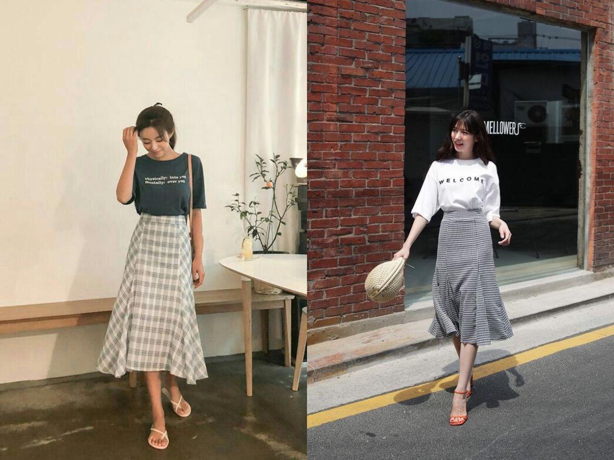 Lựa chọn an toàn là những chân váy màu trơn hoặc có họa tiết đơn giản