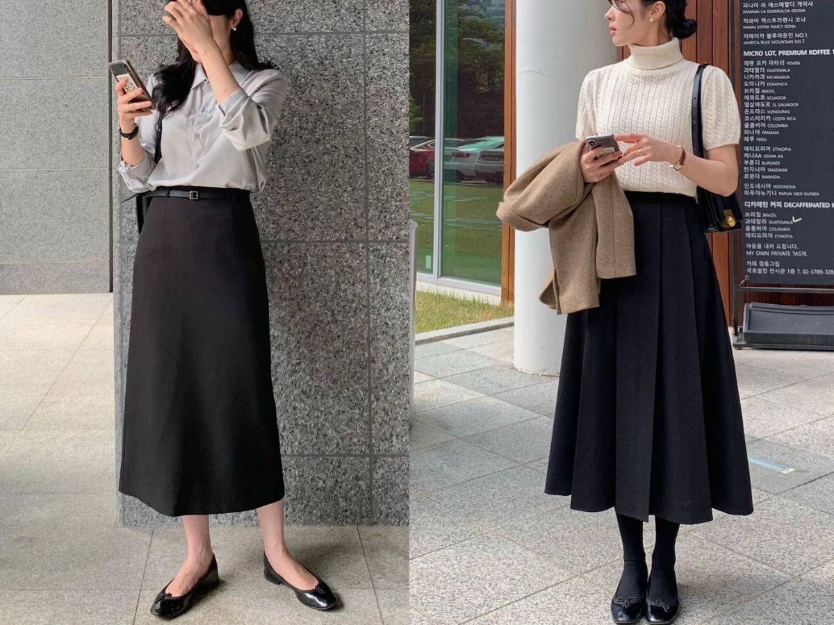 Chân váy midi phối cùng giày búp bê