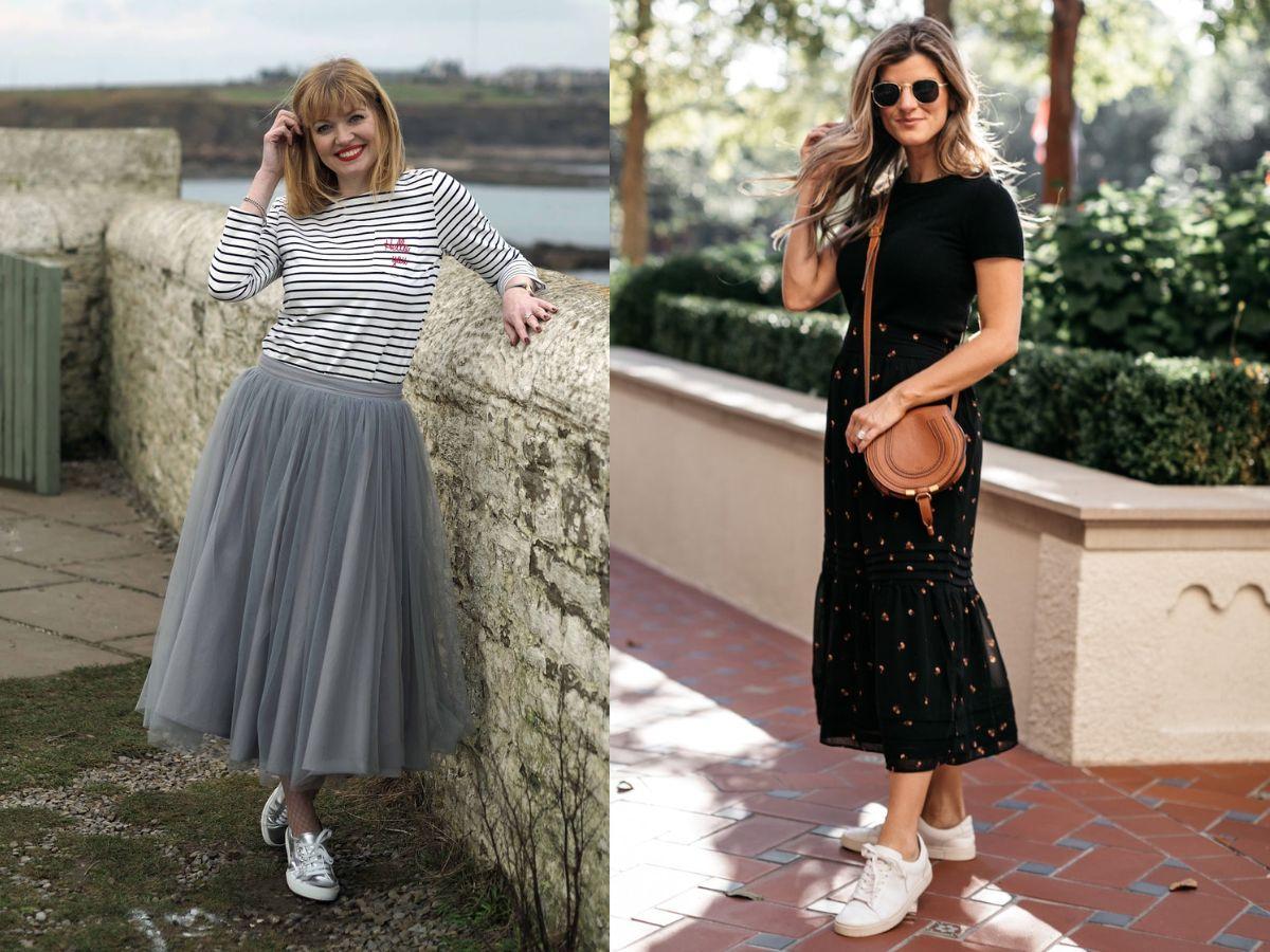 Chân váy maxi phối cùng giày thể thao