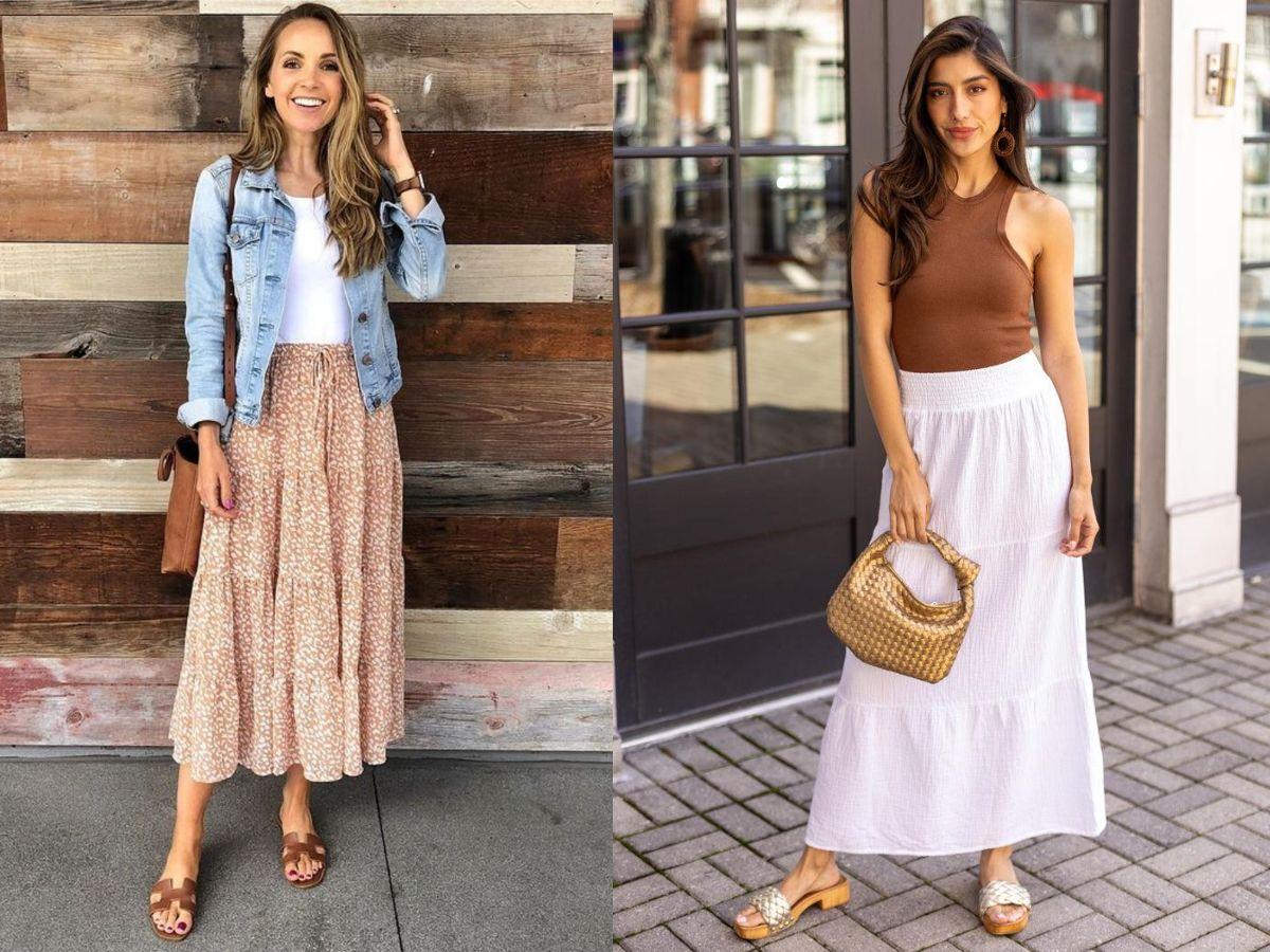 Chân váy midi phối cùng giày sandal