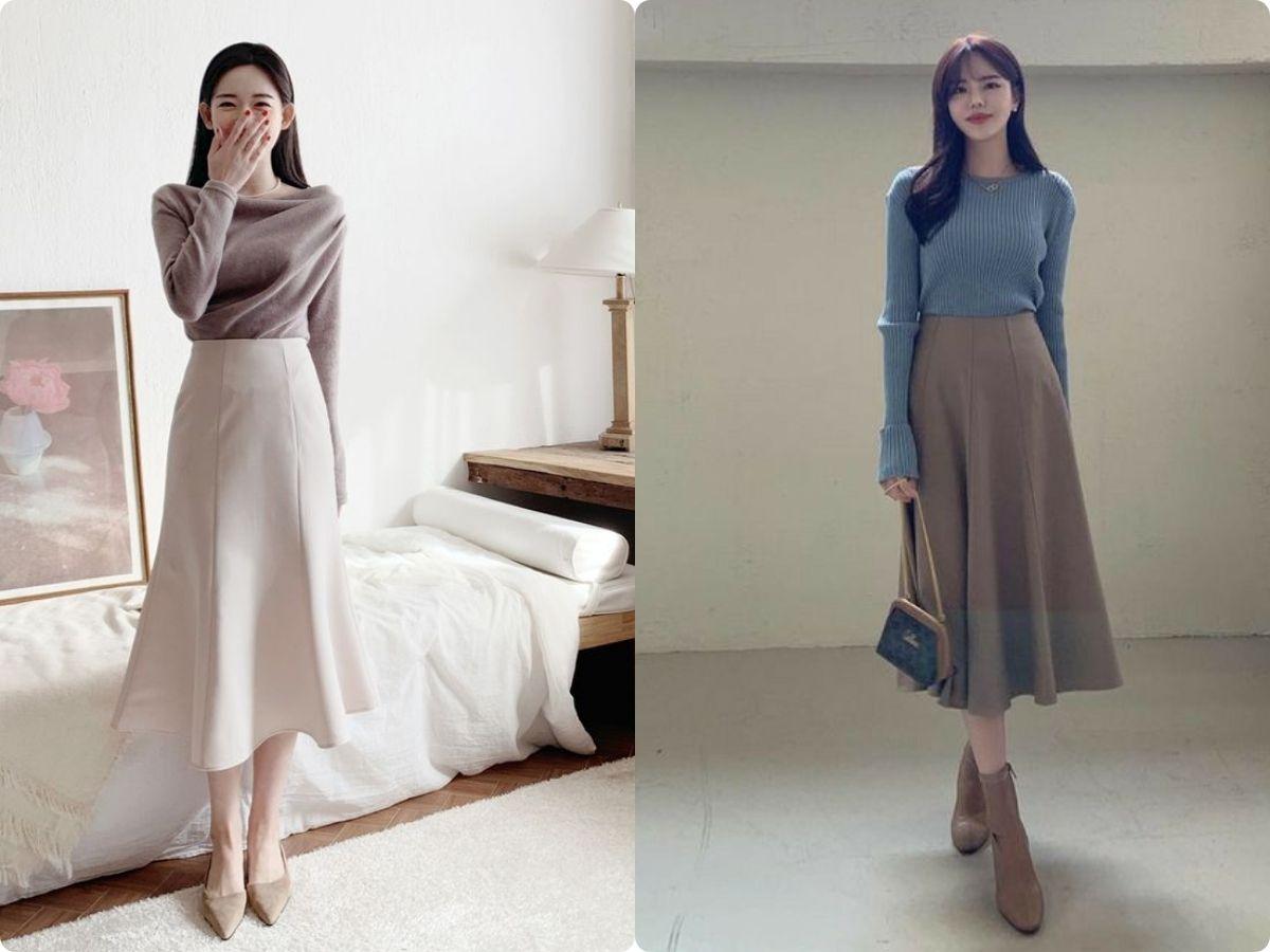 Áo thun tay dài kết hợp cùng chân váy qua gối giúp tạo độ sâu và điểm nhấn thú vị cho outfit mùa đông