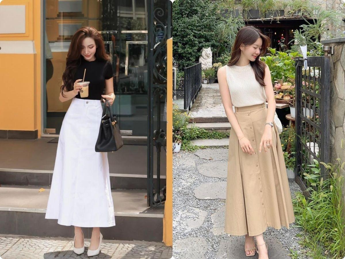 Áo thun và chân váy dài đơn giản, thoải mái và trẻ trung