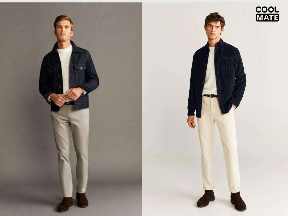 Áo khoác denim xanh classic, phối cùng áo thun trắng và quần chinos màu be