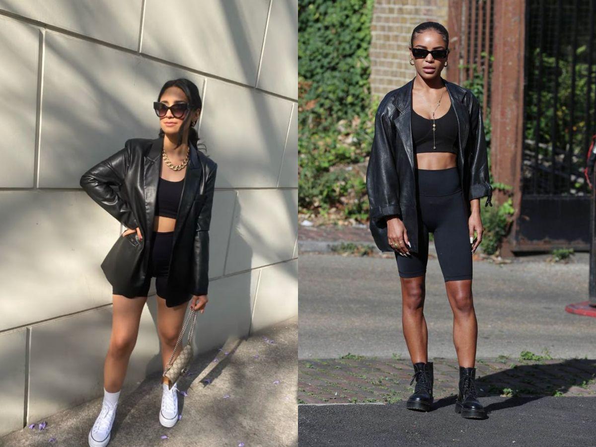 Mix quần biker short cùng áo khoác da giúp nàng tạo nên vẻ ngoài vô cùng độc đáo