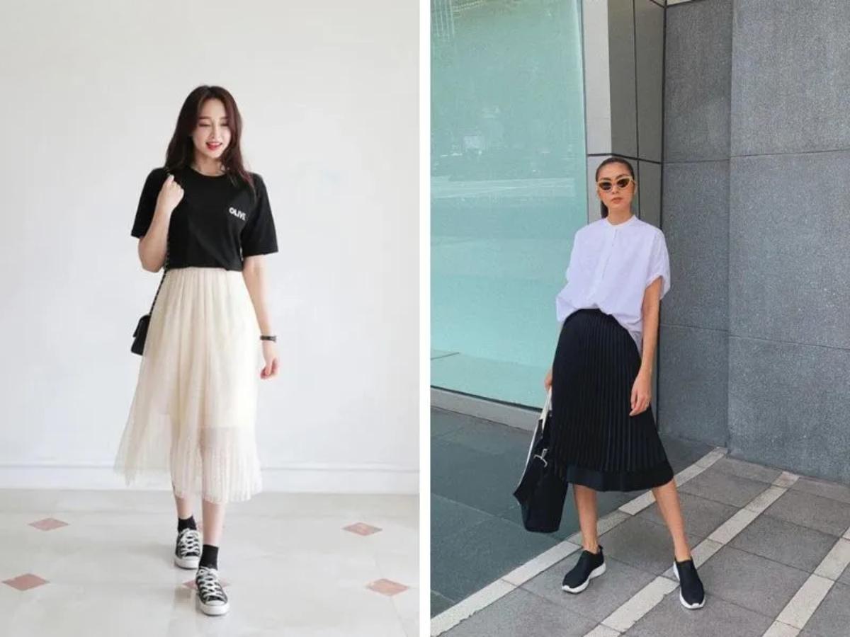 Phối chân váy, áo sơ mi cùng giày sneaker công sở