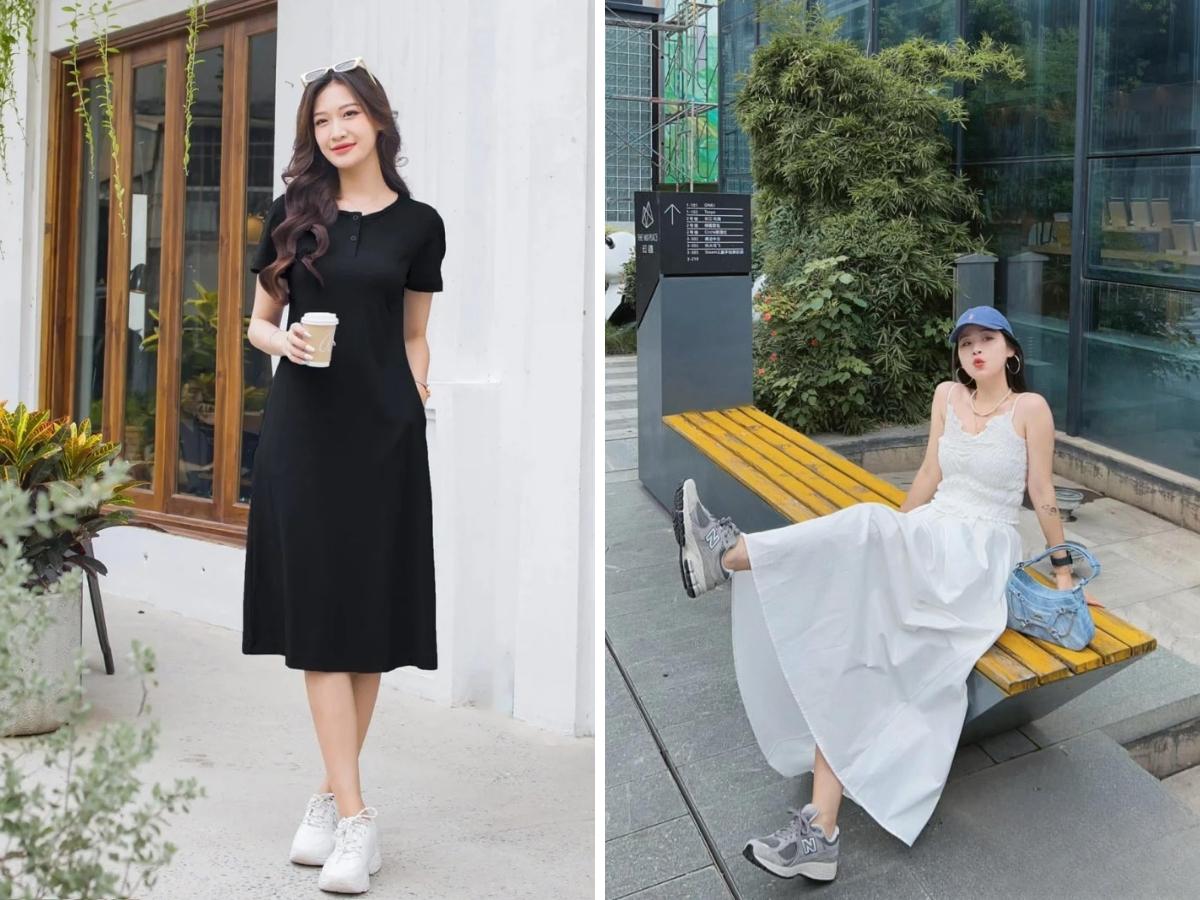 Phối váy liền cùng giày sneaker mang lại vẻ cá tính