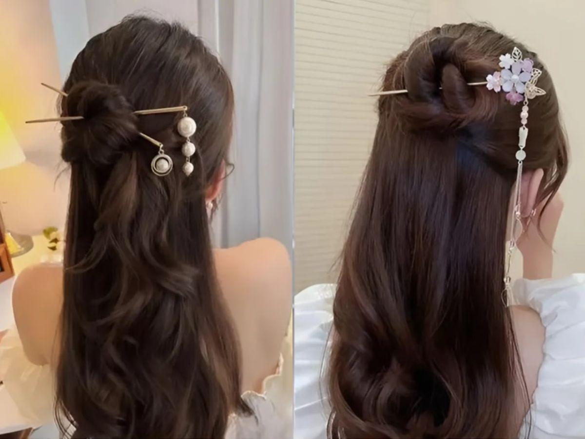 Kiểu tóc búi nửa đầu thấp phía sau, nhẹ nhàng và thanh lịch