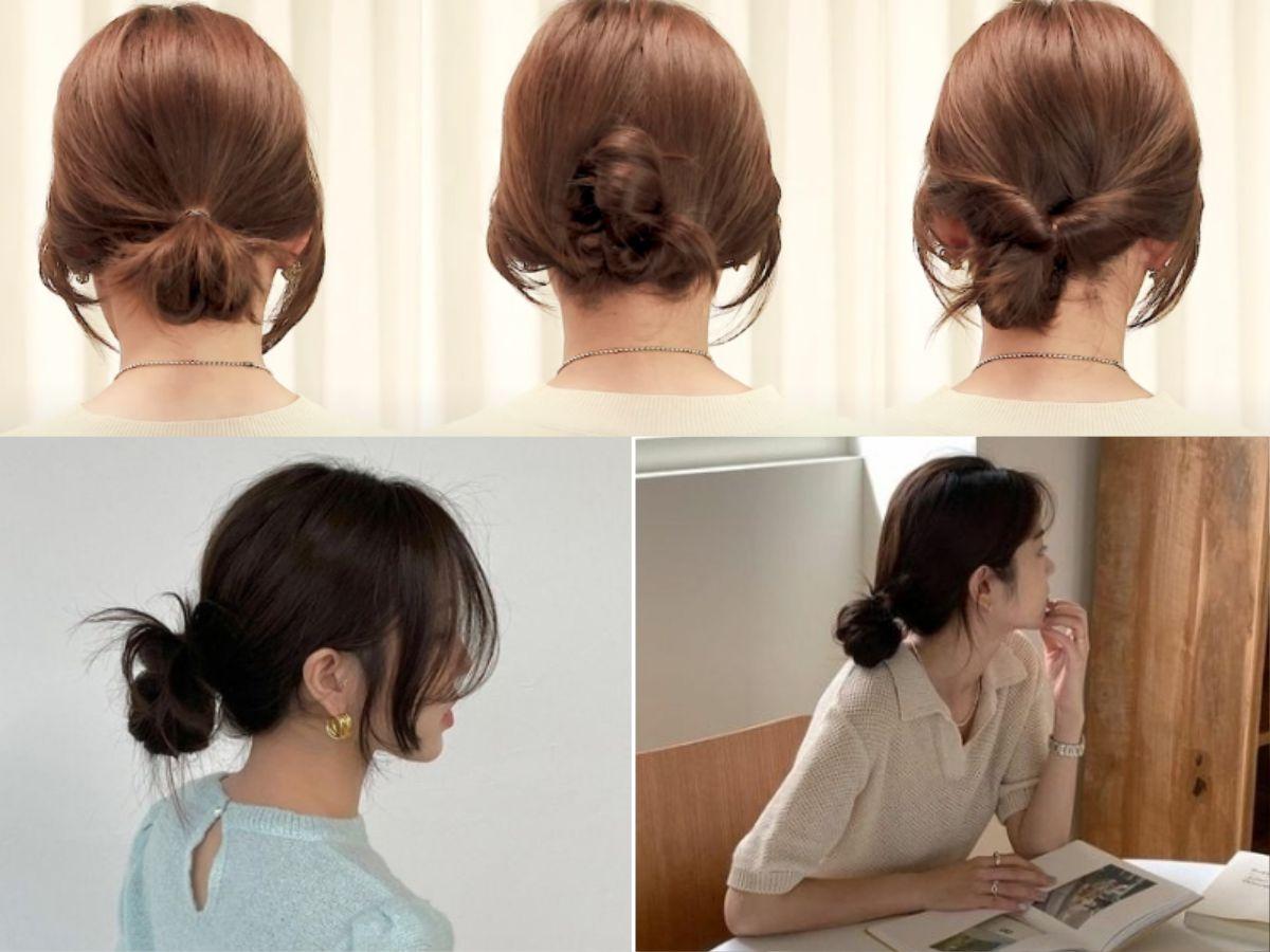 Kiểu tóc búi thấp lơi, có độ phồng và vài lọn tóc uốn nhẹ buông lơi