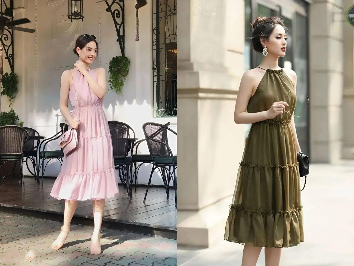 Váy cổ yếm kết hợp với kiểu tóc búi cao gọn gàng tạo điểm nhấn cho tổng thể