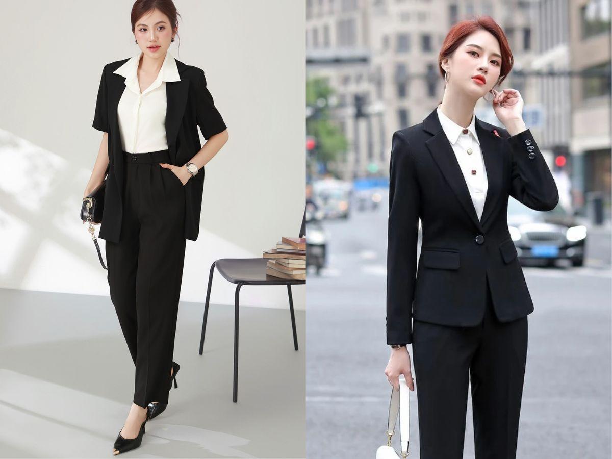 Suit cùng kiểu tóc búi thấp sleek cá tính