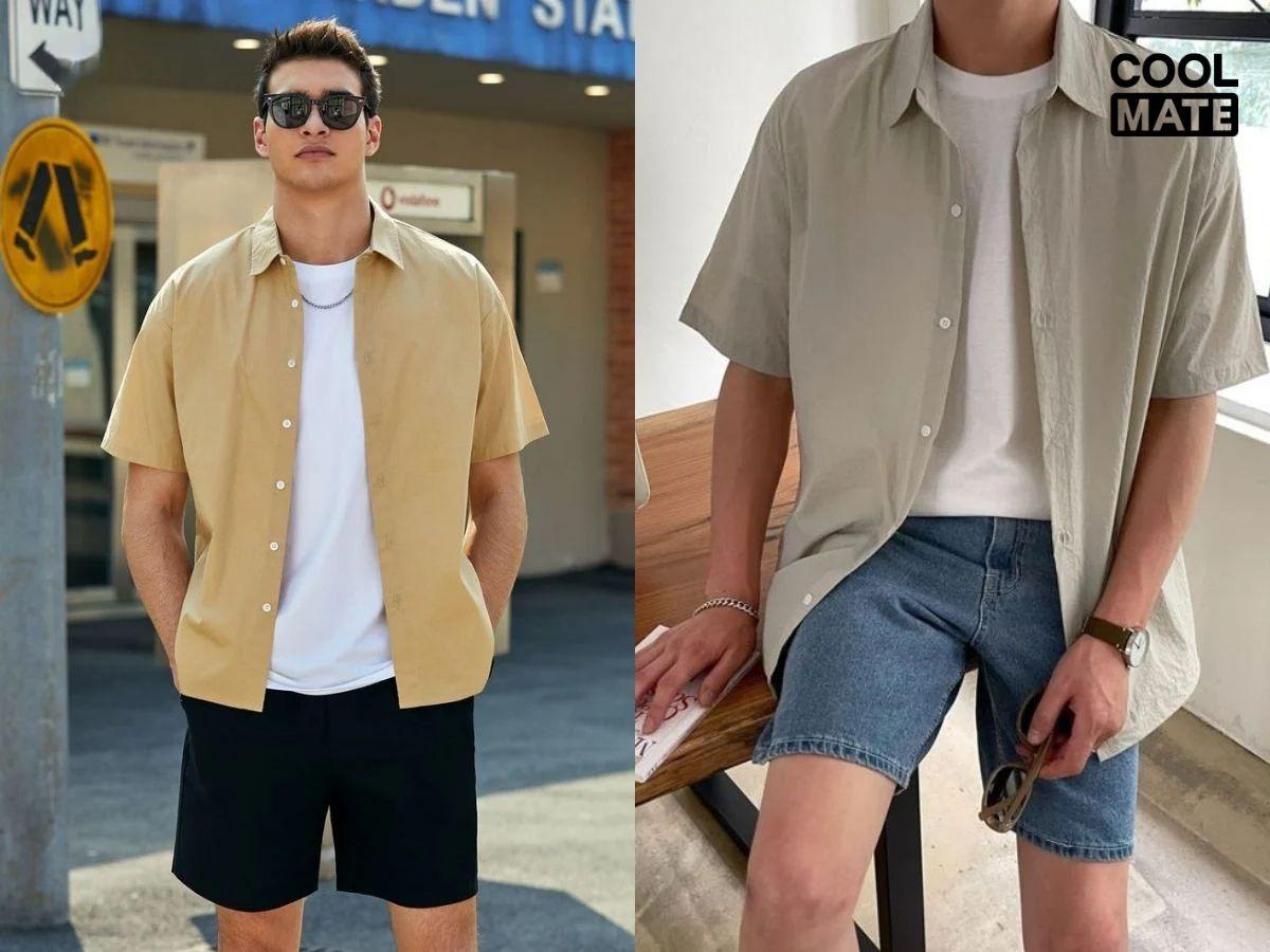 Layer sơ mi khoác ngoài áo thun và quần short tạo phong cách năng động