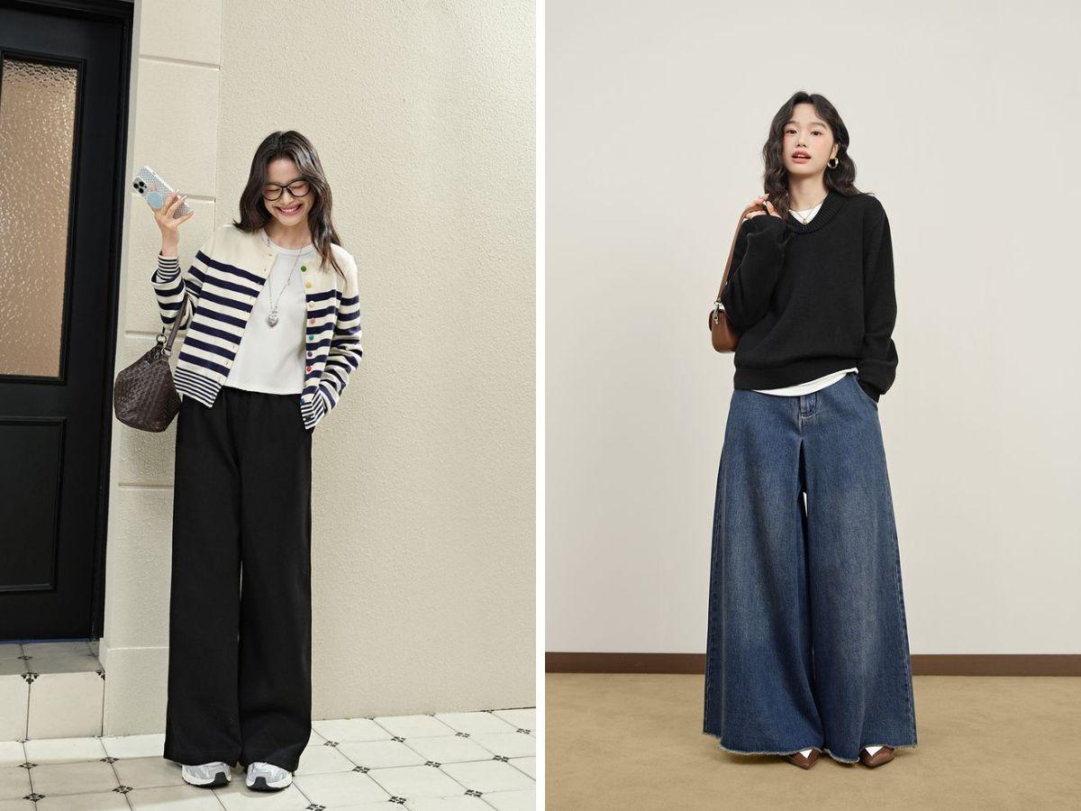 Phong cách Basic cùng áo len dệt kim cùng quần jeans ống rộng