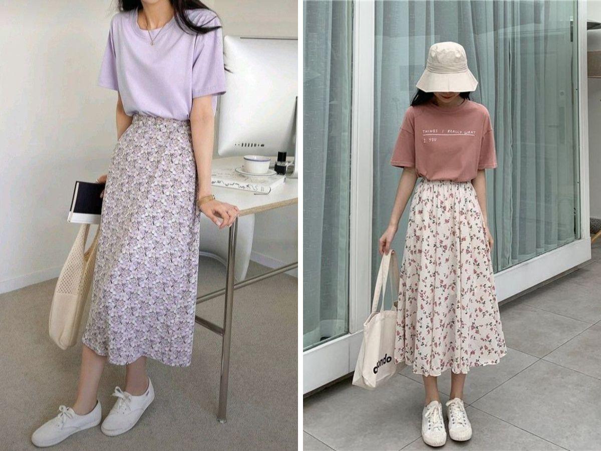 Chọn chân váy hoa nhí cùng áo phông để mang nét trẻ trung