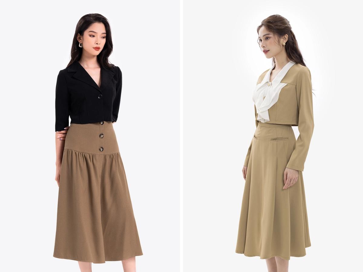 Chọn chân váy xòe hoặc midi khi đi làm văn phòng 
