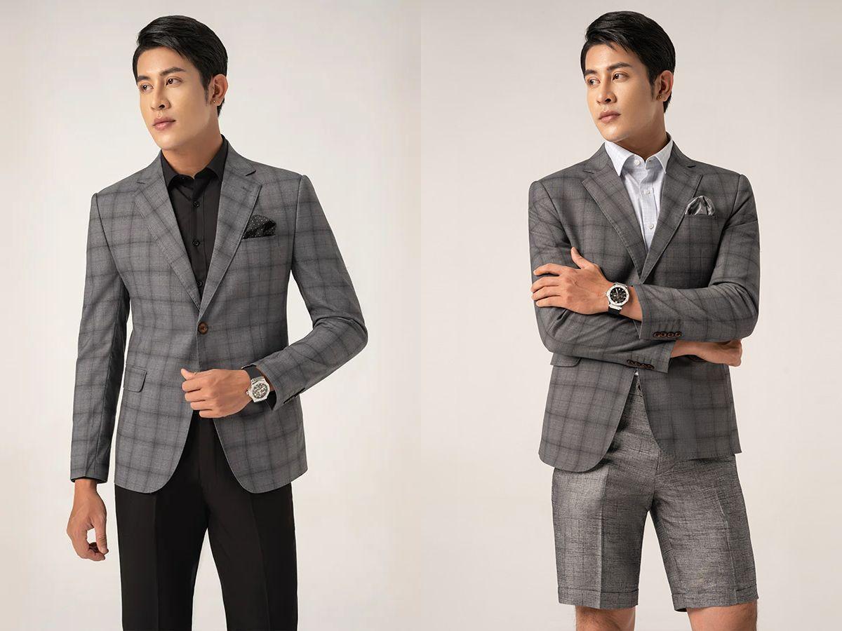 Blazer xám với họa tiết kẻ ô windowpane là lựa chọn tinh tế