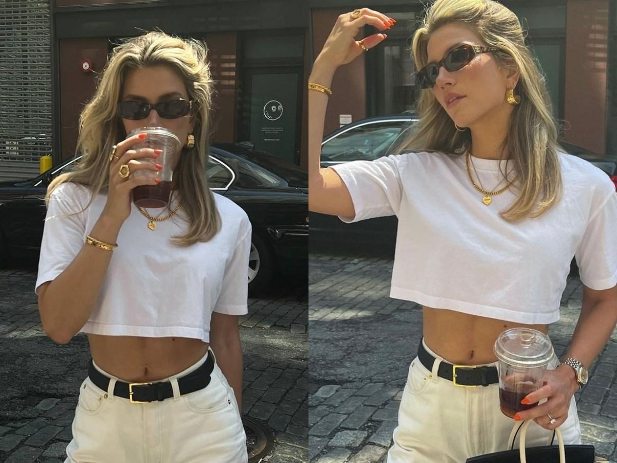 Áo croptop basic trắng khoe vòng eo, phong cách tối giản, hiện đại.