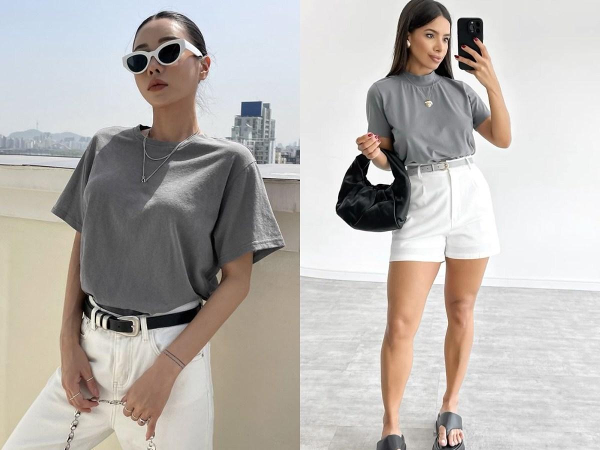Outfit với áo thun xám nữ được hoàn thiện bằng túi xách, kính mát và trang sức tinh tế