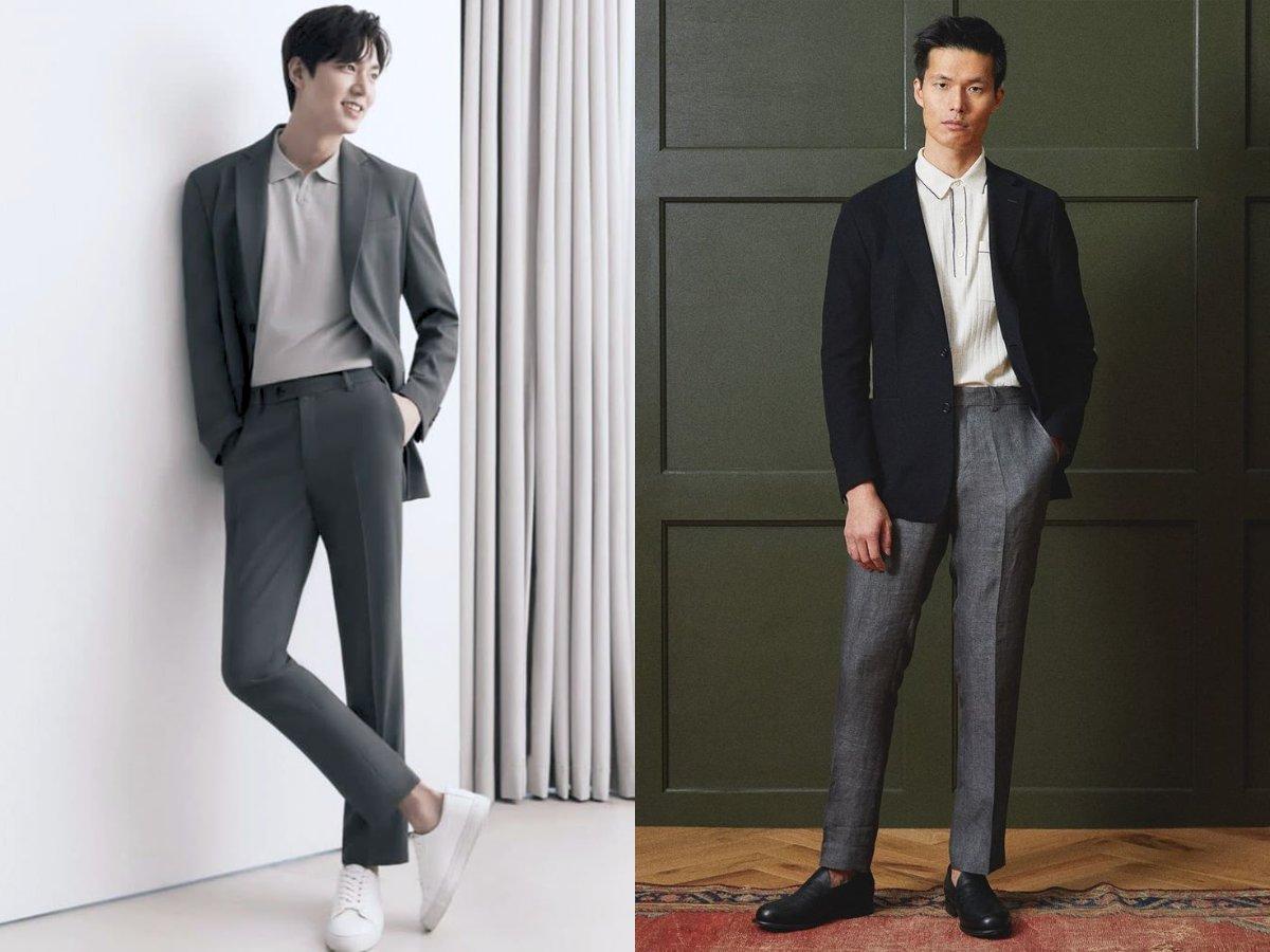 Layer áo polo trắng với blazer và chinos tạo vẻ smart-casual lịch lãm