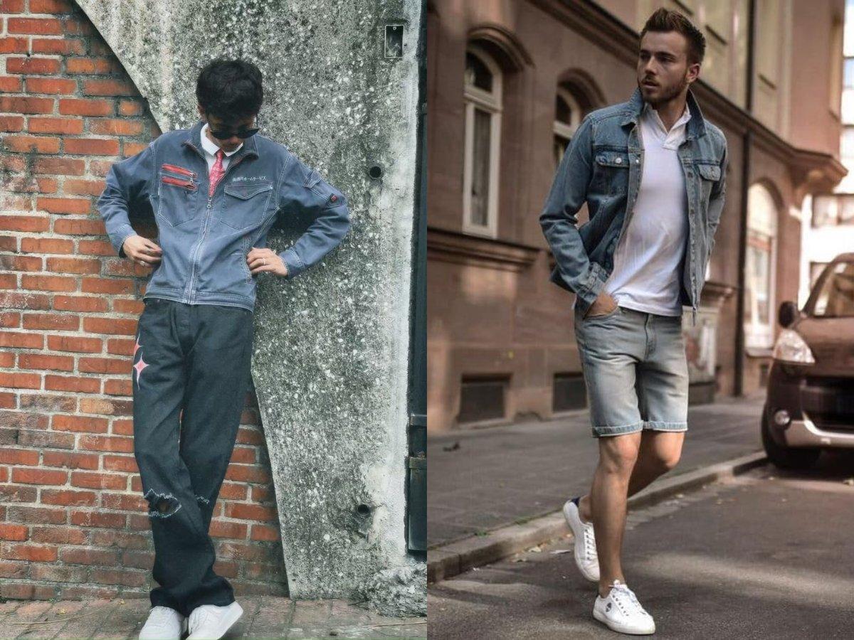 Áo polo trắng kết hợp áo khoác denim và quần jeans tối màu, bụi bặm nam tính