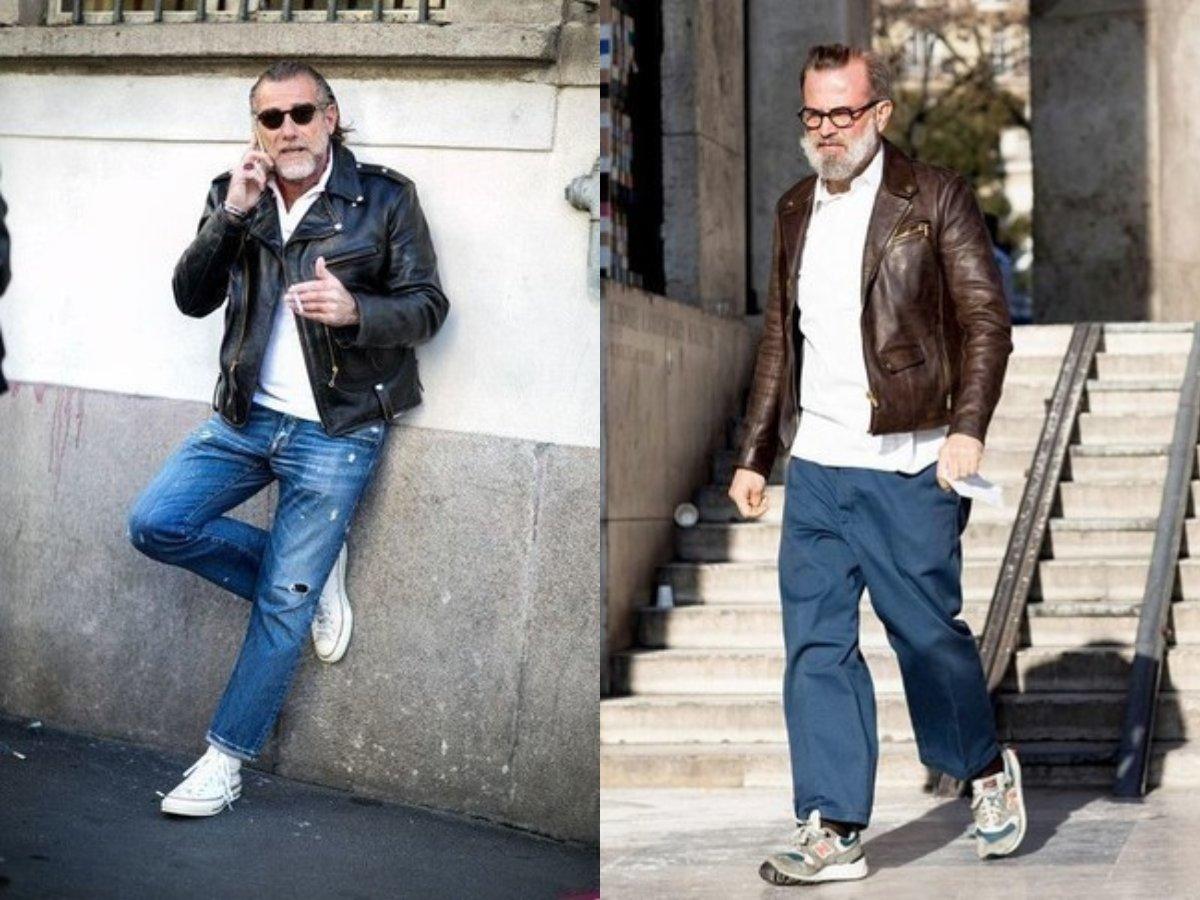 Polo trắng phối jacket da và quần jeans đen cho vẻ ngoài mạnh mẽ, cá tính