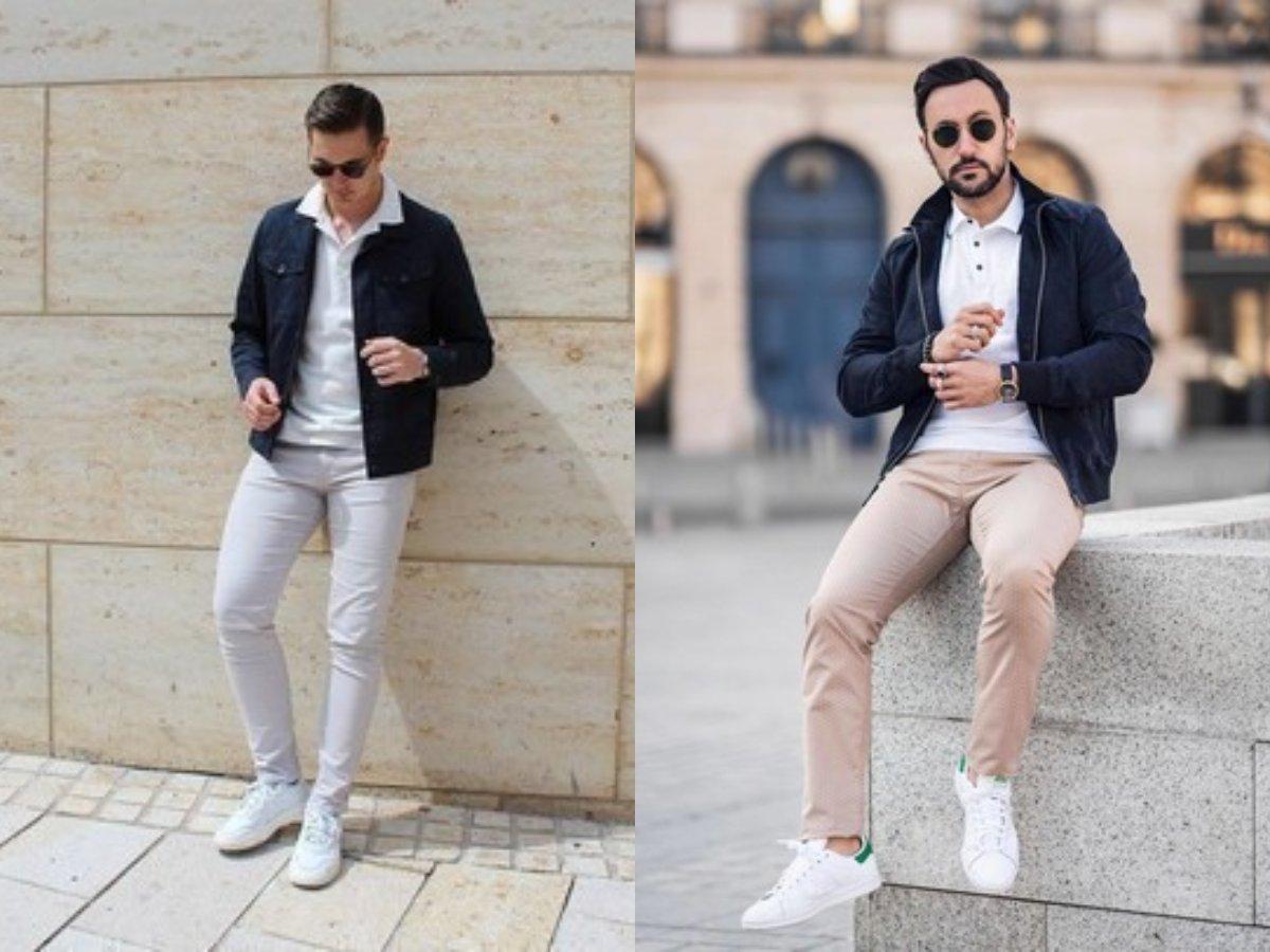 Phối áo polo trắng với bomber jacket và quần jogger đầy năng động