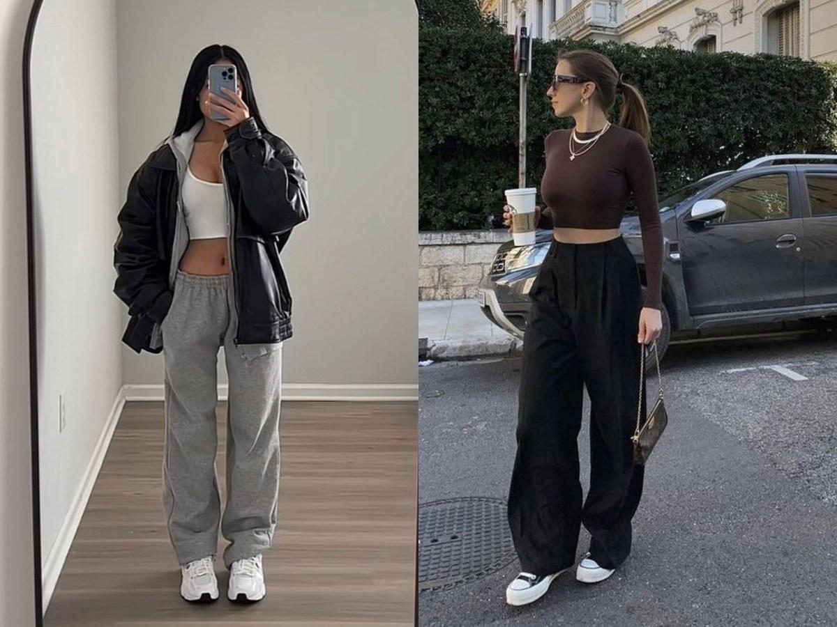 Áo croptop phối cùng quần baggy nỉ, phong cách streetwear thoải mái.