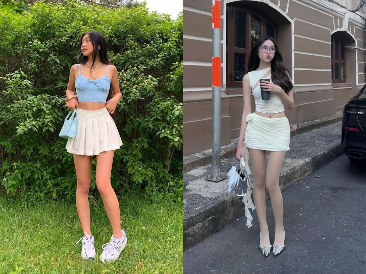 Áo croptop hai dây phối cùng chân váy chữ A ngắn, phong cách nữ tính, hack tuổi.