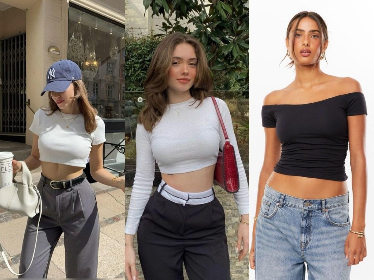 Các kiểu áo croptop thun tay ngắn, tay dài và trễ vai đa dạng phong cách.