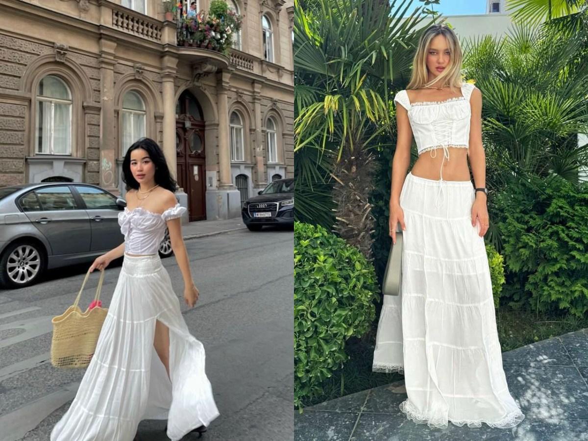 Áo croptop trễ vai phối chân váy maxi xẻ tà, phong cách du lịch biển phóng khoáng.