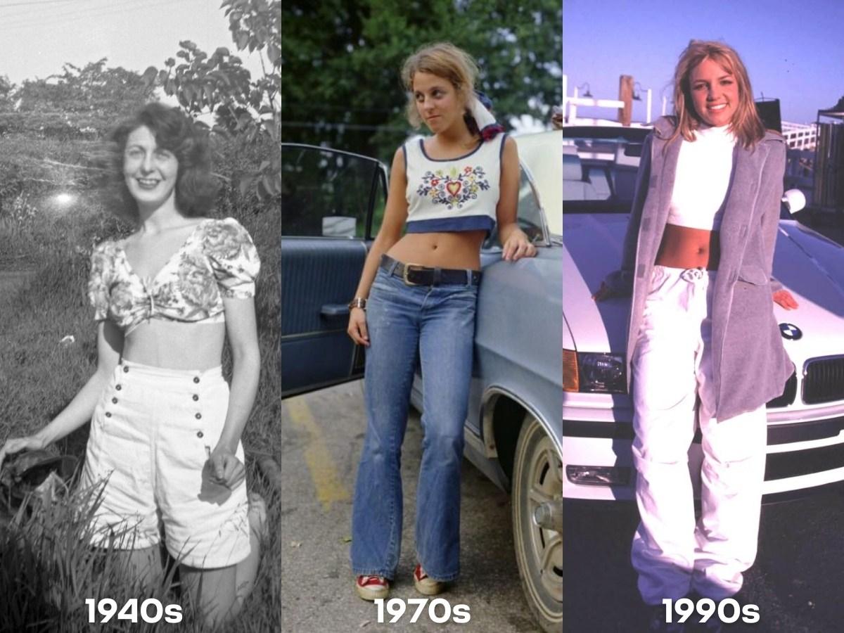 Áo croptop qua các thập kỷ từ 1940s đến 1990s, thể hiện sự thay đổi xu hướng thời trang.