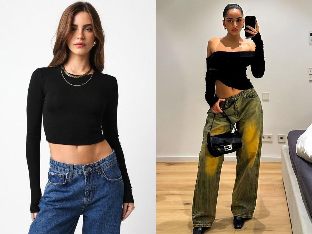 Áo croptop tay dài màu đen cho phong cách năng động ngày se lạnh.