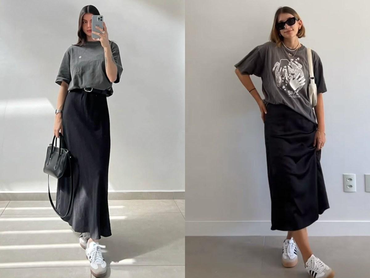 Phối áo thun xám nữ với chân váy midi, tạo nên vẻ ngoài dịu dàng, thanh lịch