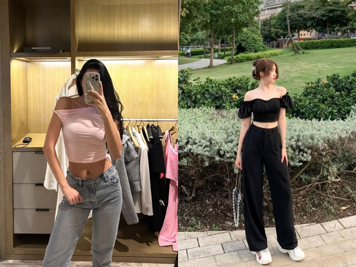 Áo croptop trễ vai khoe bờ vai quyến rũ, phong cách dịu dàng.