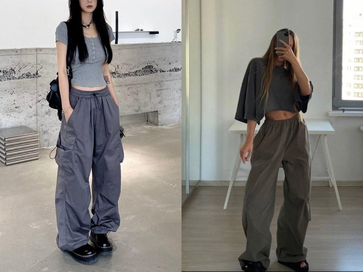 Outfit cá tính với áo thun xám nữ và quần túi hộp, jogger phá cách