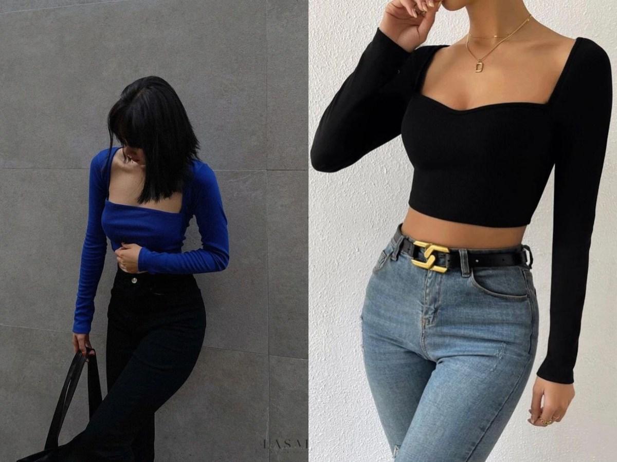 Áo croptop cổ vuông tạo dáng vẻ cổ điển, thanh lịch.
