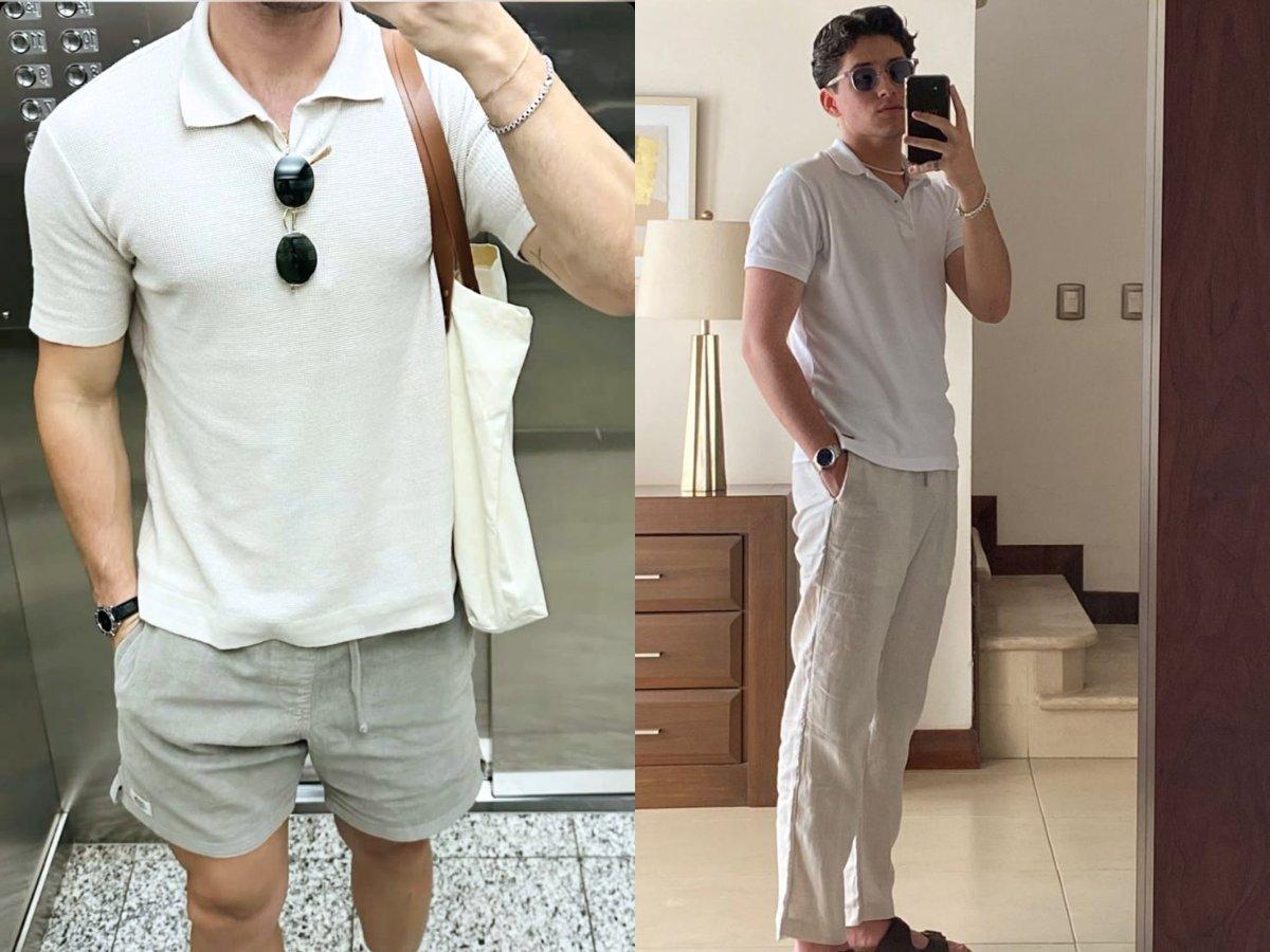 Áo polo trắng phối cùng quần linen sáng màu, thoải mái và phóng khoáng