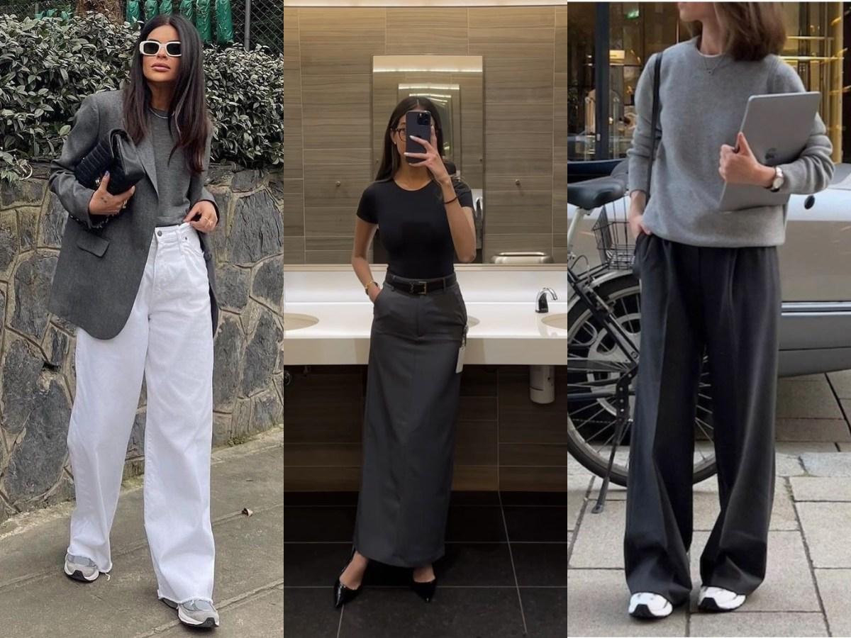 Áo thun xám phối với quần ống rộng và blazer – phong cách công sở hiện đại, thanh lịch