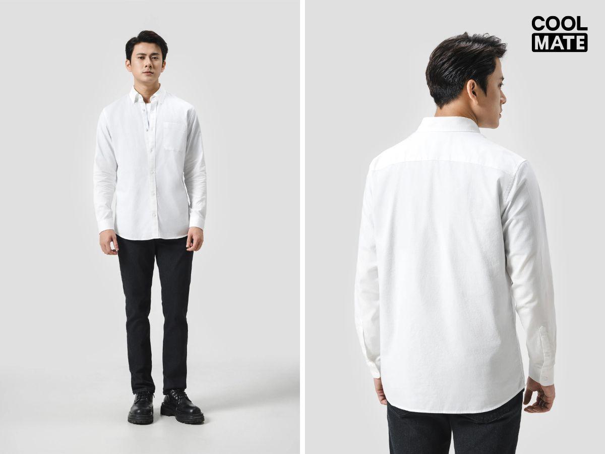 Outfit cơ bản cho chàng là sơ mi trắng và quần vải tối màu