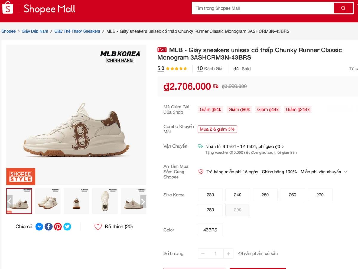 Mua giày MLB tại các gian hàng chính hãng (Mall) trên các sàn TMĐT 