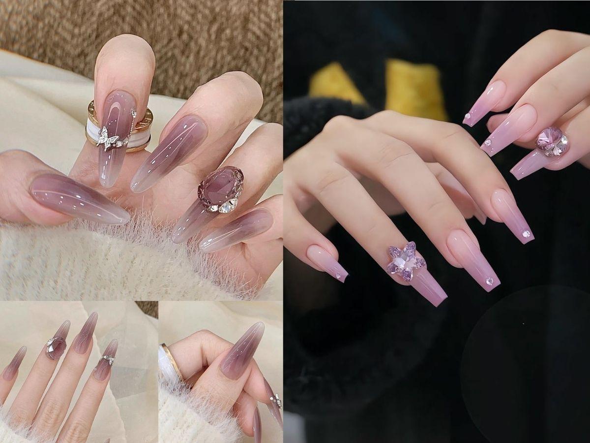 Nên chọn kích thước, màu sắc đá phù hợp với nền tím và độ dài móng của bạn