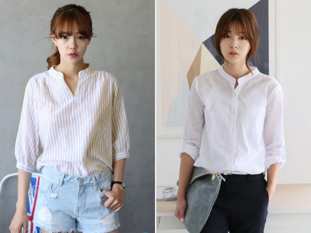 Áo sơ mi cổ trụ nữ