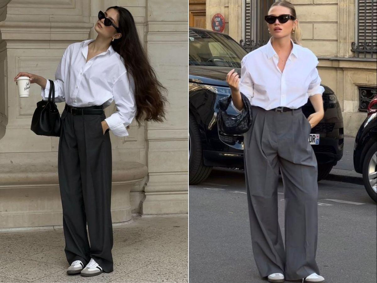 Kết hợp quần tây ống suông màu trung tính cùng áo sơ mi trắng, pastel