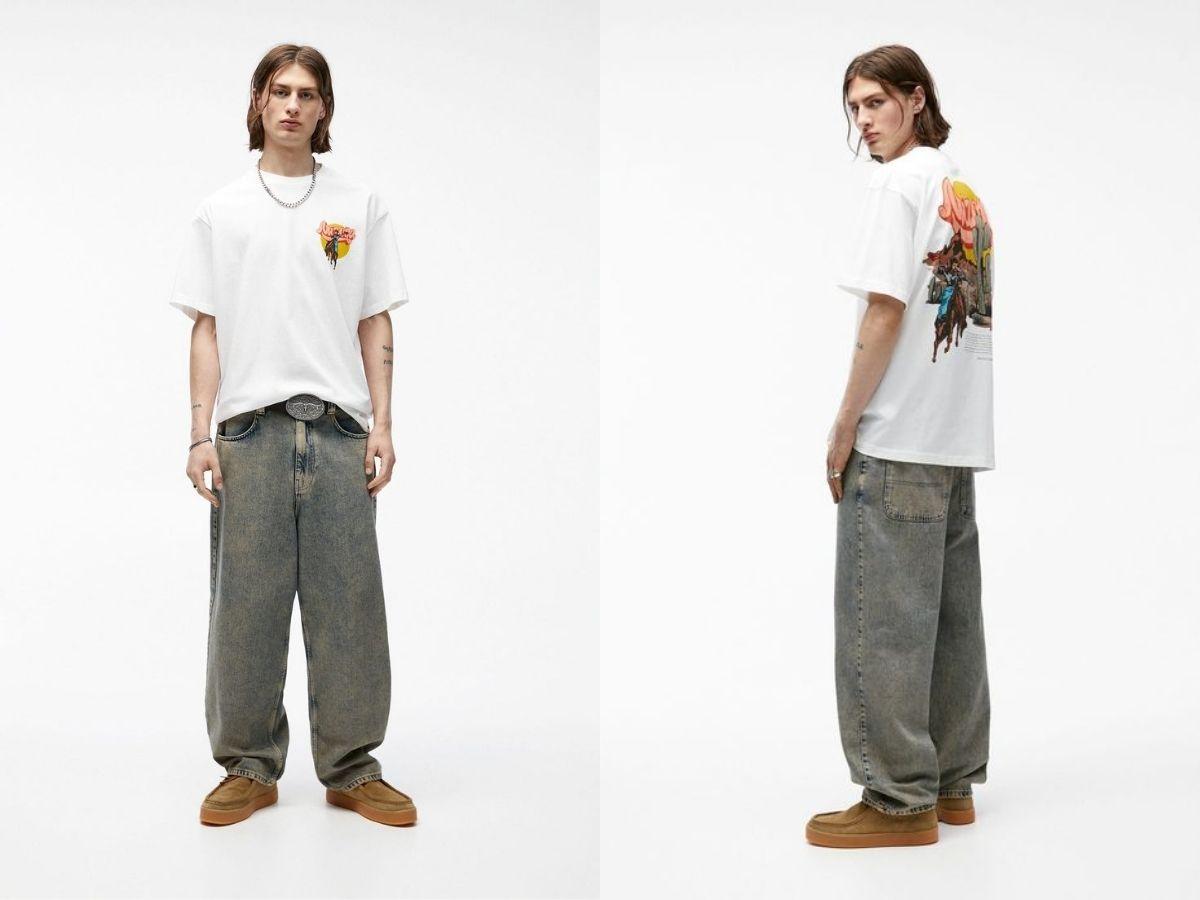Phối áo thun phong cách đường phố với quần baggy hoặc quần ống rộng