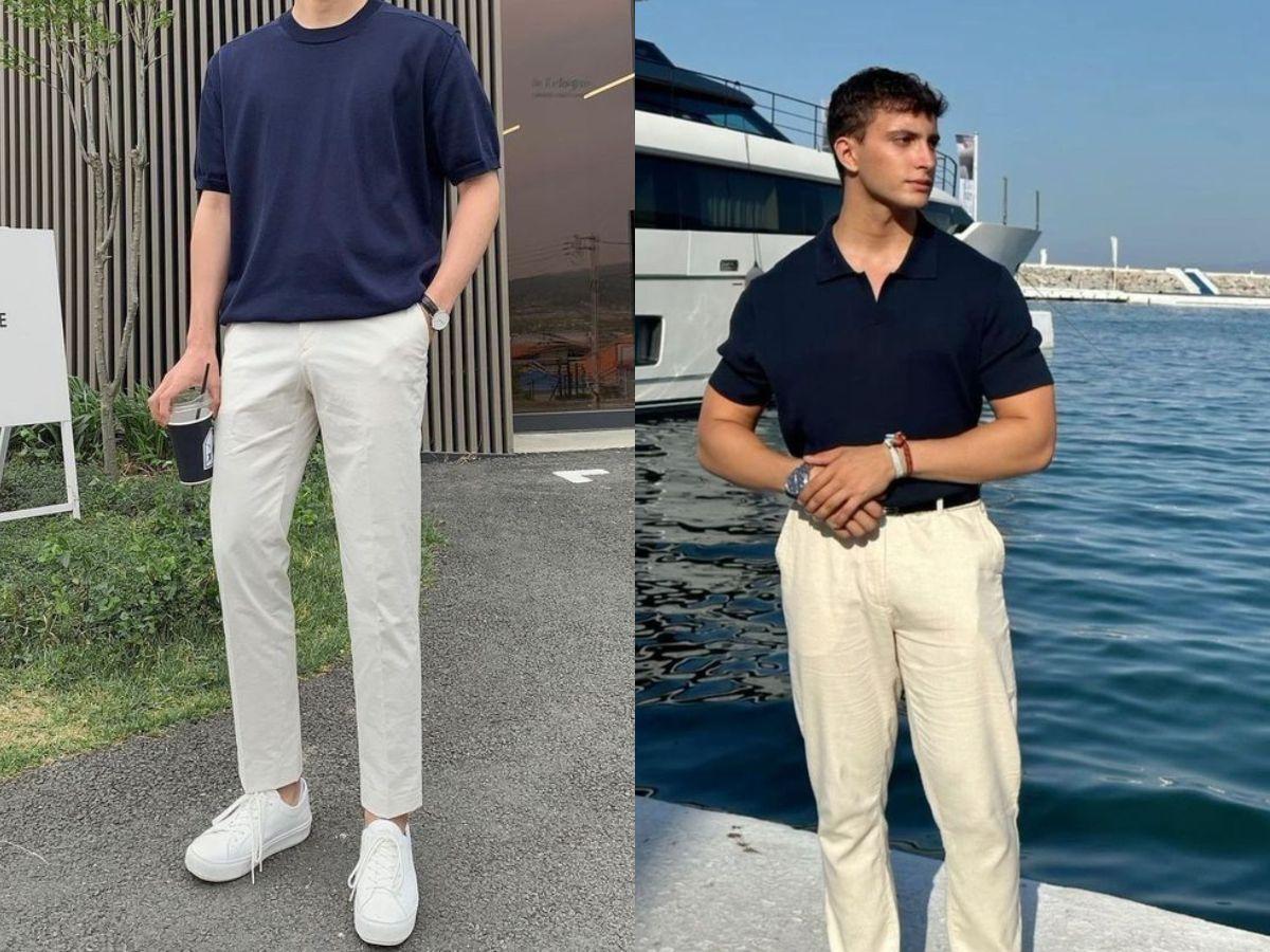 Phong cách Old Money với áo navy slim-fit và quần chinos be